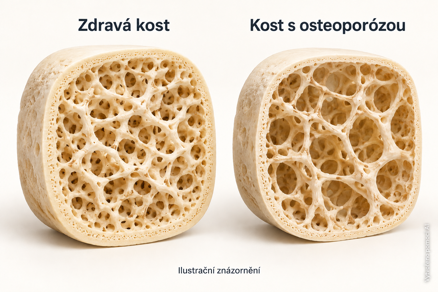 Srovnání zdravé kosti a kosti s osteoporózou